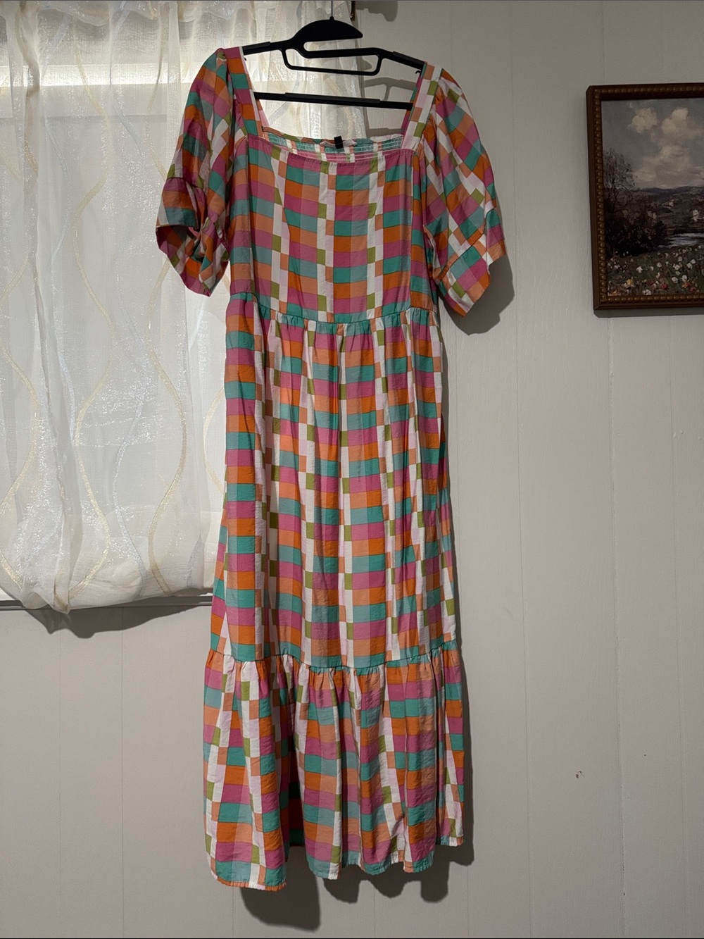 Square Neck Maxi Dress in Pink, Teal & Orange Check